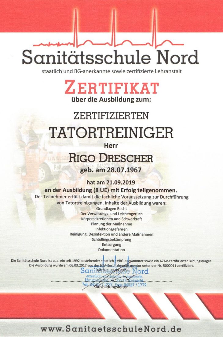 Zertifikat: Tatortreiniger Rigo Drescher, Bitterfeld