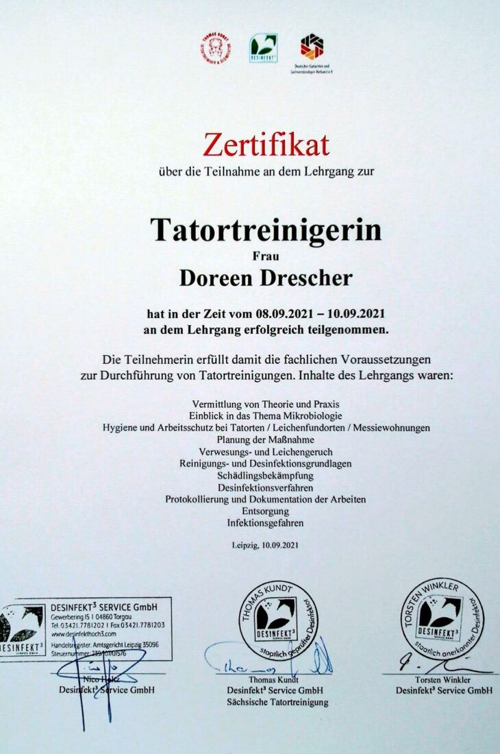 Zertifikat: Tatortreinigerin Doreen Drescher